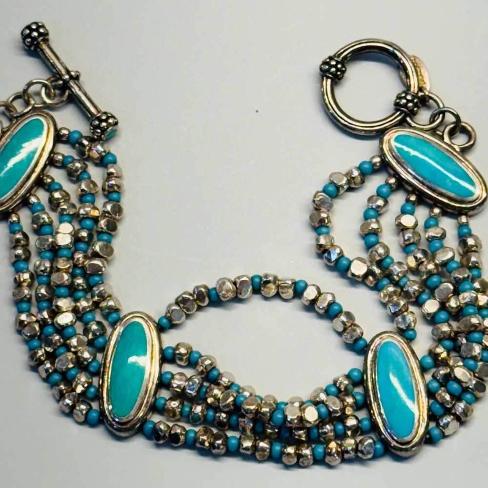 Vintage Sterling Silver Polished Turquoise Cabochon and Silver Beaded Br…